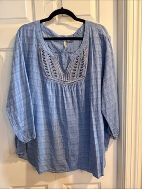 grand & greene Light Blue Crochet-Yoke Tunic Top